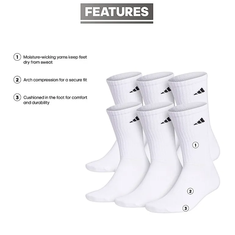 adidas Cushioned Mens 6 Pair Big and Tall Crew Socks