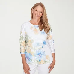 Alfred Dunner Classics Womens Crew Neck 3/4 Sleeve T-Shirt