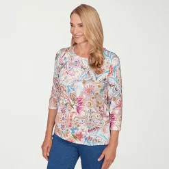 Alfred Dunner Classics Womens Crew Neck 3/4 Sleeve T-Shirt