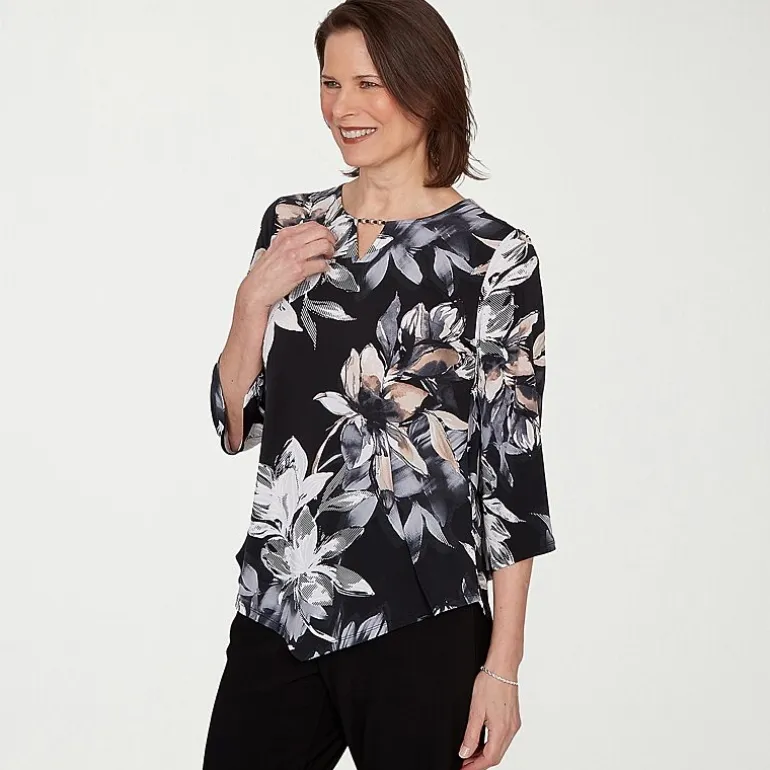 Alfred Dunner Classics Womens Split Crew Neck 3/4 Sleeve T-Shirt