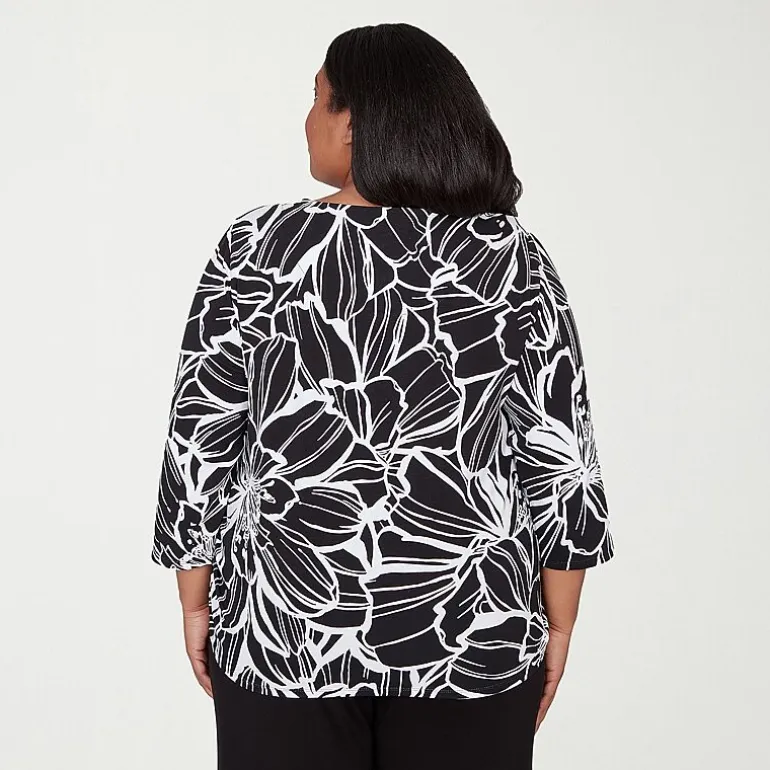 Alfred Dunner Classics Womens Plus Crew Neck 3/4 Sleeve T-Shirt
