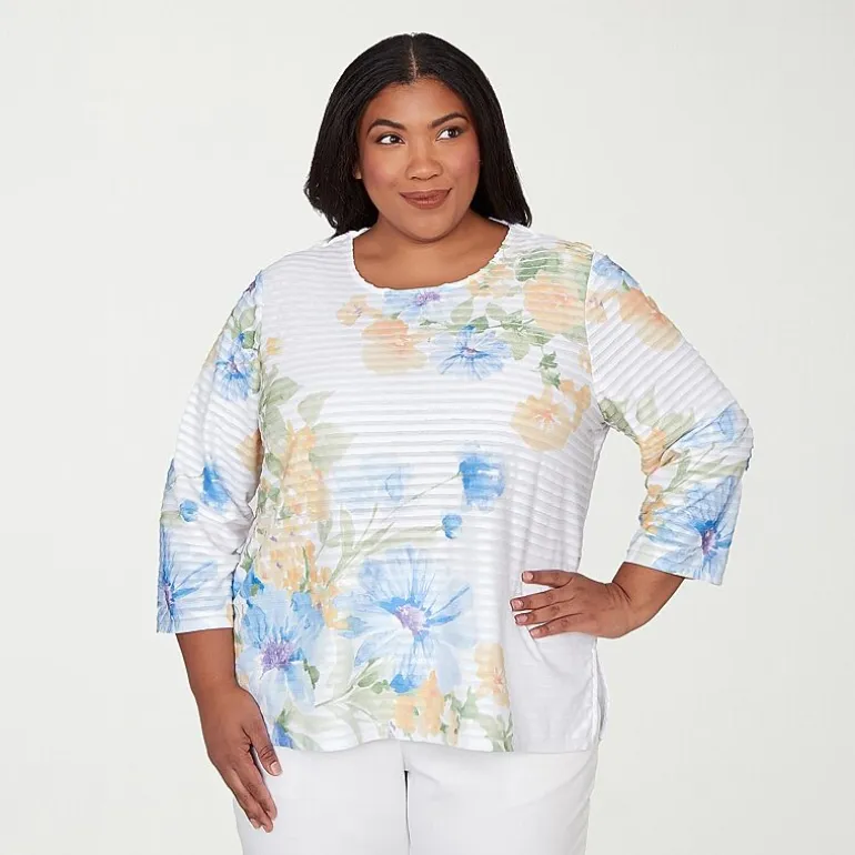 Alfred Dunner Classics Womens Plus Crew Neck 3/4 Sleeve T-Shirt