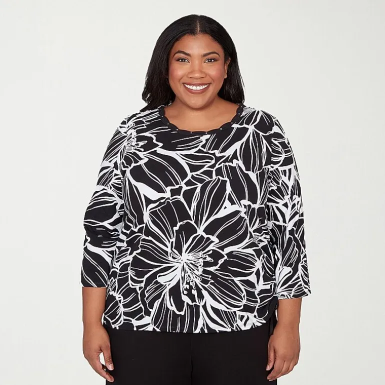 Alfred Dunner Classics Womens Plus Crew Neck 3/4 Sleeve T-Shirt
