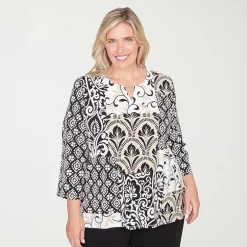 Alfred Dunner Classics Womens Plus Crew Neck 3/4 Sleeve T-Shirt