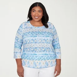 Alfred Dunner Classics Womens Plus Crew Neck 3/4 Sleeve T-Shirt