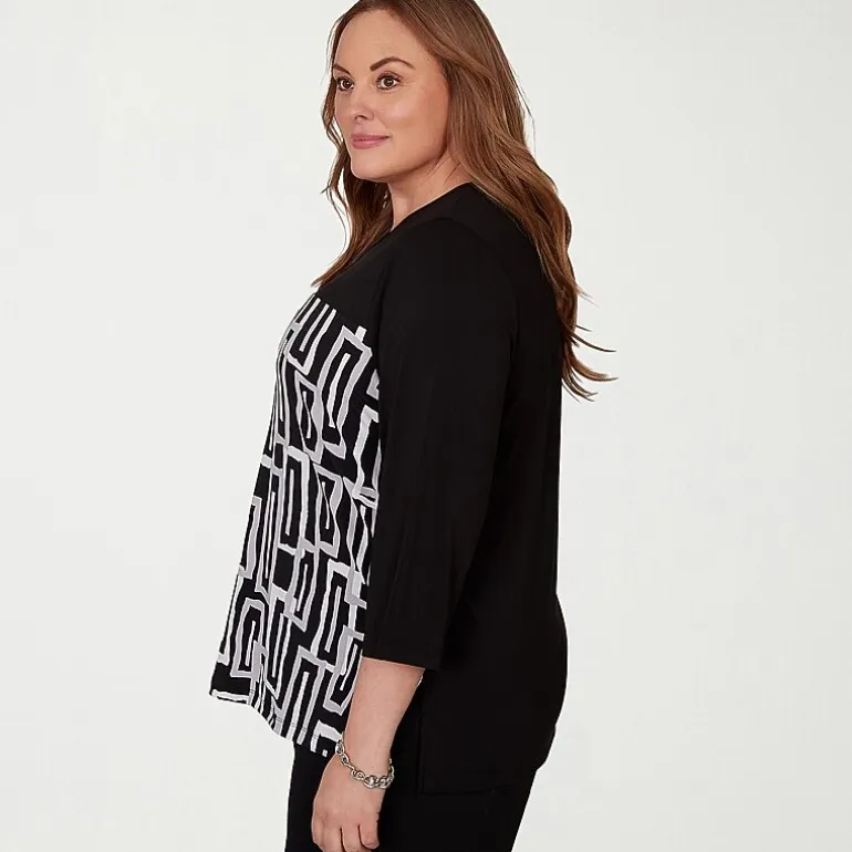 Alfred Dunner Classics Womens Plus Split Crew Neck 3/4 Sleeve T-Shirt