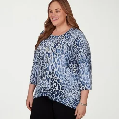 Alfred Dunner Classics Womens Plus Split Crew Neck 3/4 Sleeve T-Shirt