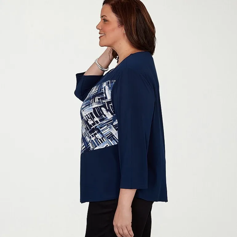 Alfred Dunner Classics Womens Plus Split Crew Neck 3/4 Sleeve T-Shirt
