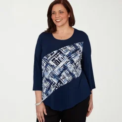Alfred Dunner Classics Womens Plus Split Crew Neck 3/4 Sleeve T-Shirt