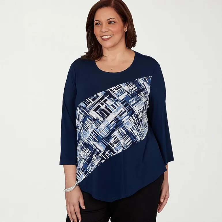 Alfred Dunner Classics Womens Plus Split Crew Neck 3/4 Sleeve T-Shirt