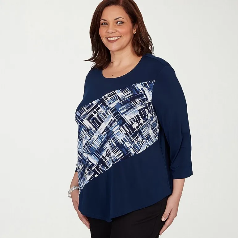 Alfred Dunner Classics Womens Plus Split Crew Neck 3/4 Sleeve T-Shirt