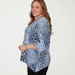 Alfred Dunner Classics Womens Plus Split Crew Neck 3/4 Sleeve T-Shirt