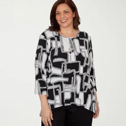 Alfred Dunner Classics Womens Plus Split Crew Neck 3/4 Sleeve T-Shirt