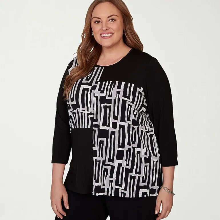 Alfred Dunner Classics Womens Plus Split Crew Neck 3/4 Sleeve T-Shirt