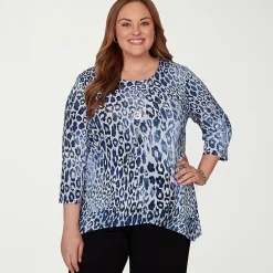 Alfred Dunner Classics Womens Plus Split Crew Neck 3/4 Sleeve T-Shirt
