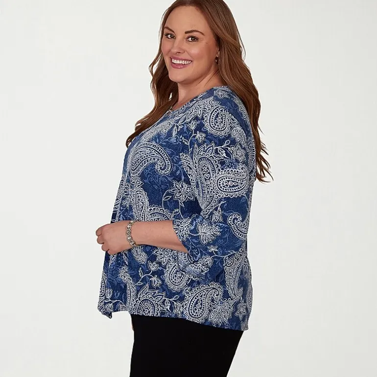 Alfred Dunner Classics Womens Plus Split Crew Neck 3/4 Sleeve T-Shirt