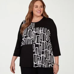Alfred Dunner Classics Womens Plus Split Crew Neck 3/4 Sleeve T-Shirt
