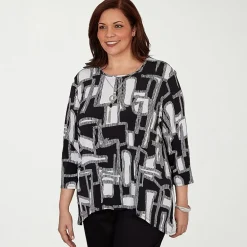 Alfred Dunner Classics Womens Plus Split Crew Neck 3/4 Sleeve T-Shirt