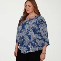 Alfred Dunner Classics Womens Plus Split Crew Neck 3/4 Sleeve T-Shirt