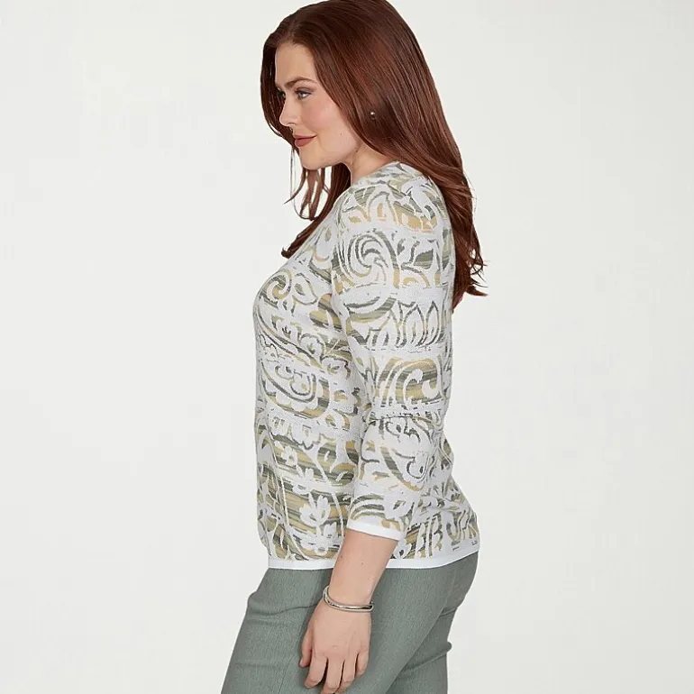 Alfred Dunner Provence Womens Crew Neck 3/4 Sleeve Paisley Pullover Sweater