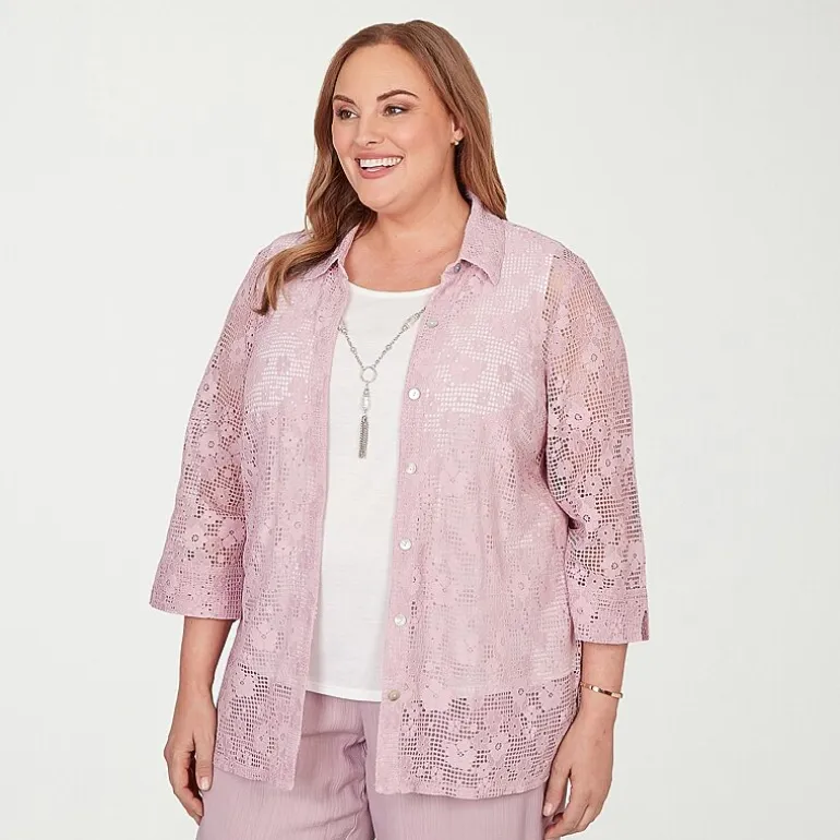 Alfred Dunner Vintage Charm Womens Plus 3/4 Sleeve Layered Top