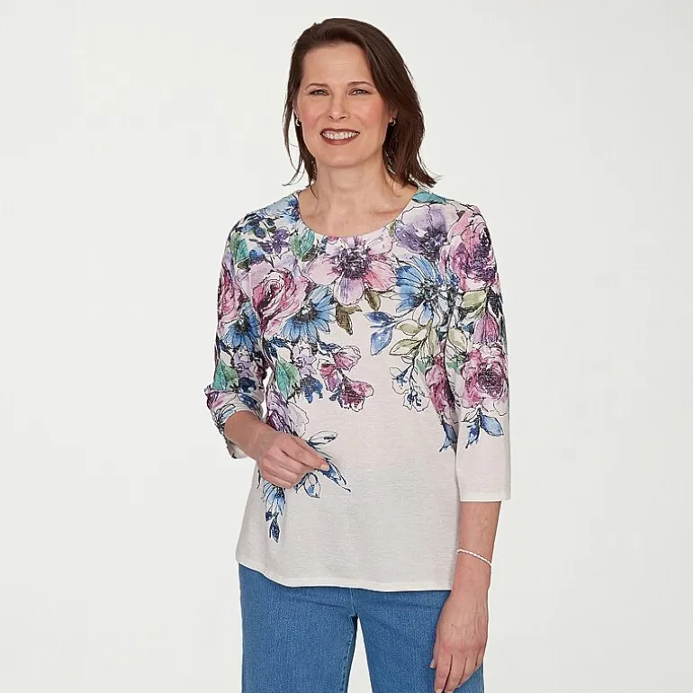 Alfred Dunner Womens Crew Neck 3/4 Sleeve T-Shirt