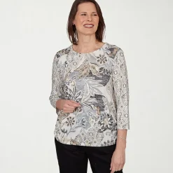 Alfred Dunner Womens Crew Neck 3/4 Sleeve T-Shirt