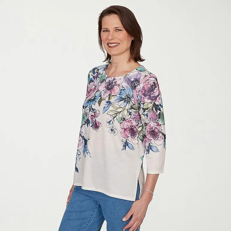 Alfred Dunner Womens Crew Neck 3/4 Sleeve T-Shirt