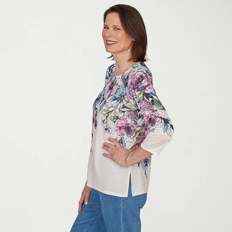 Alfred Dunner Womens Crew Neck 3/4 Sleeve T-Shirt