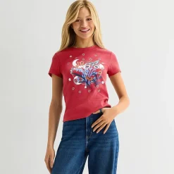 Americana Butterfly Baby Tee Womens Juniors Crew Neck Short Sleeve Fitted Graphic T-Shirt