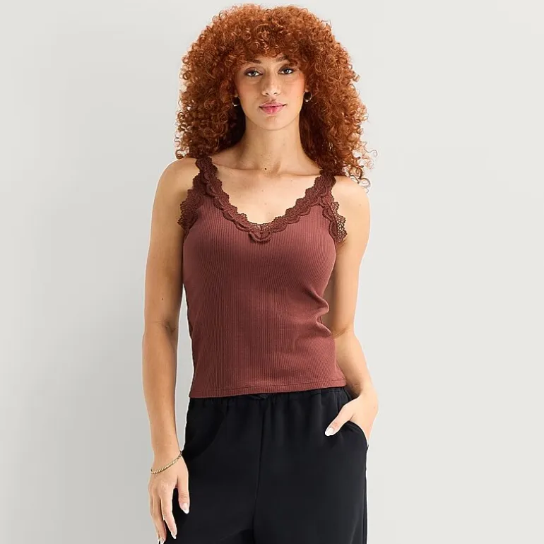 a.n.a Lace Trim Womens V Neck Sleeveless Tank Top