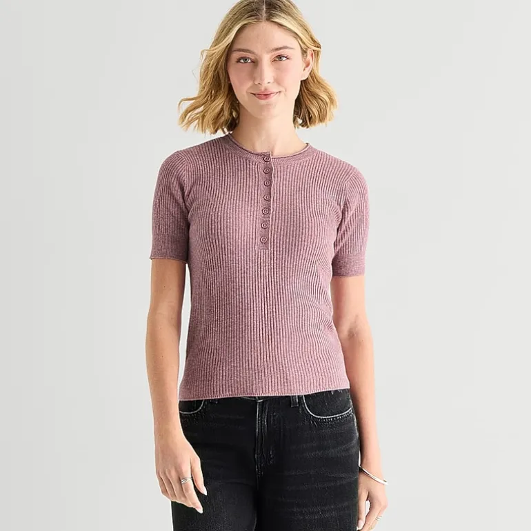 a.n.a Womens Henley Neck Short Sleeve Pullover Sweater