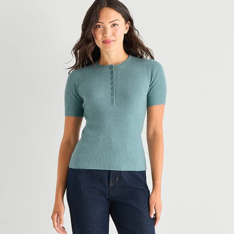a.n.a Womens Henley Neck Short Sleeve Pullover Sweater