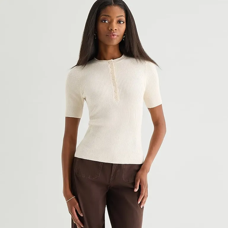 a.n.a Womens Henley Neck Short Sleeve Pullover Sweater