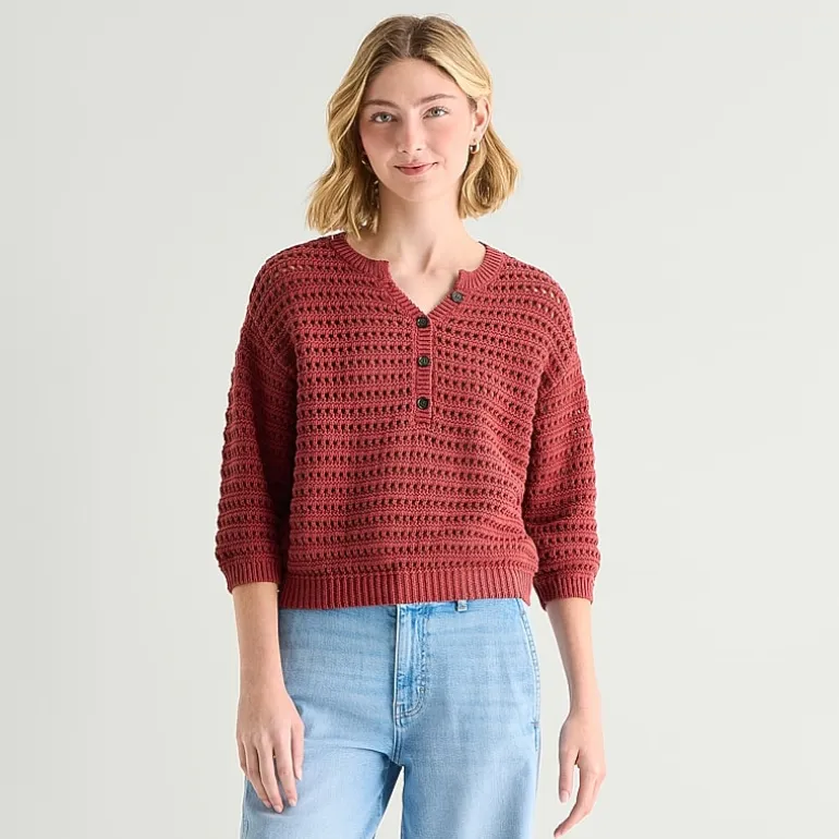 a.n.a Womens Henley Neck 3/4 Sleeve Pullover Sweater