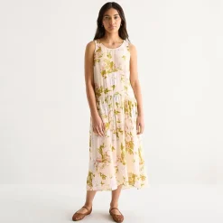 a.n.a Womens Sleeveless U Neck Floral Midi Drop Waist Dress