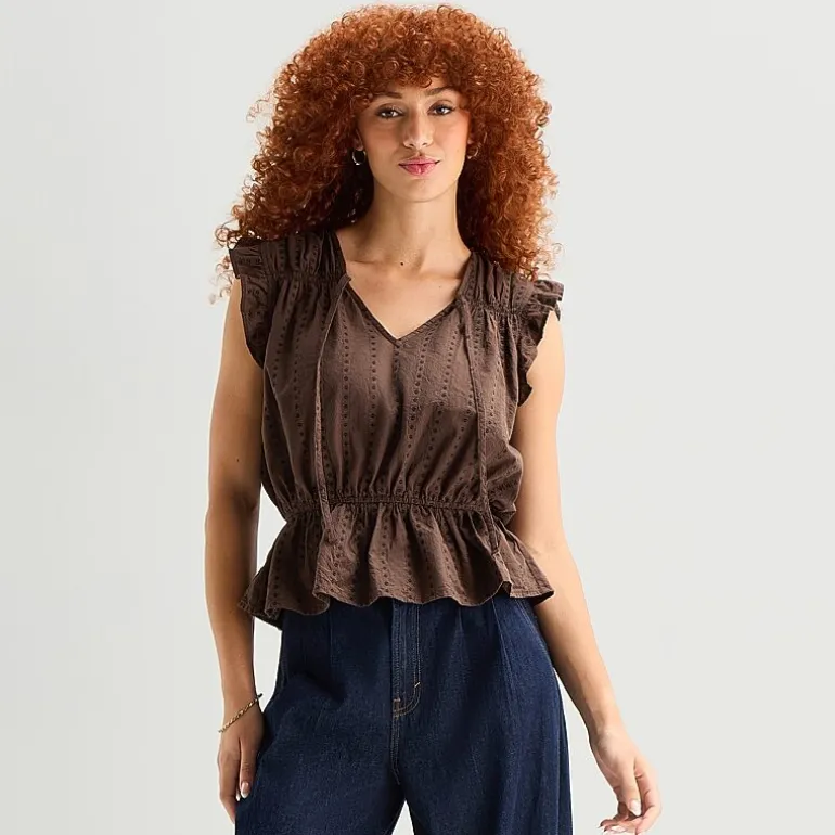 a.n.a Womens Split Tie Neck Sleeveless Peplum Top