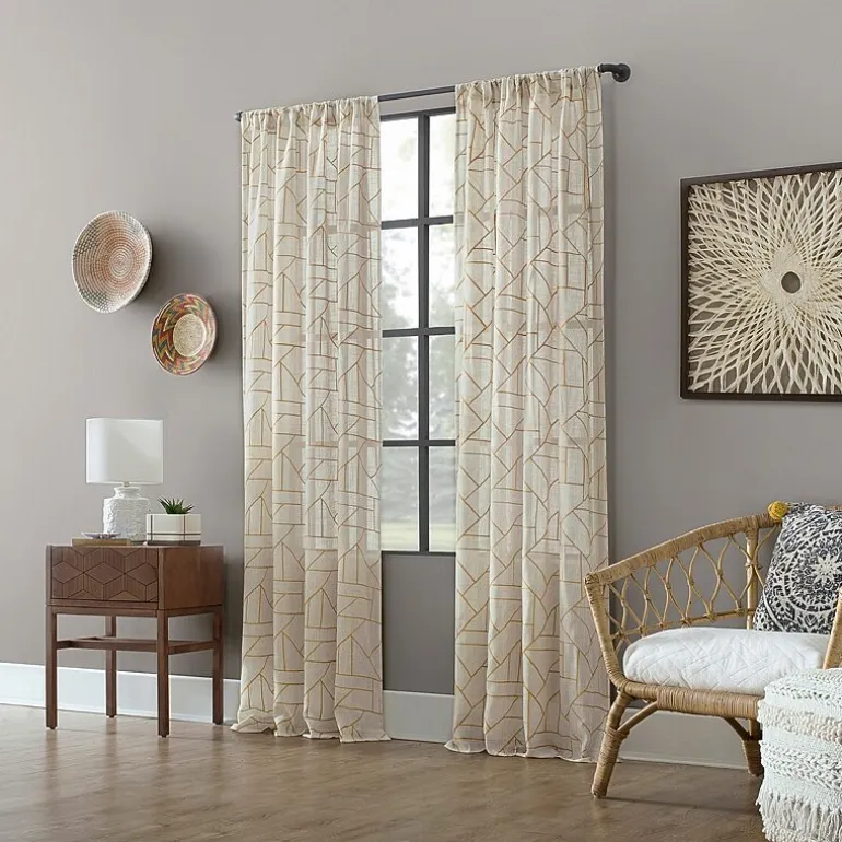 Archaeo Jigsaw Embroidery Linen Blend Rod Pocket Sheer Single Curtain Panel