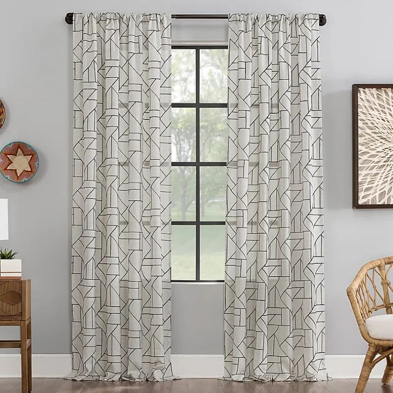 Archaeo Jigsaw Embroidery Linen Blend Rod Pocket Sheer Single Curtain Panel