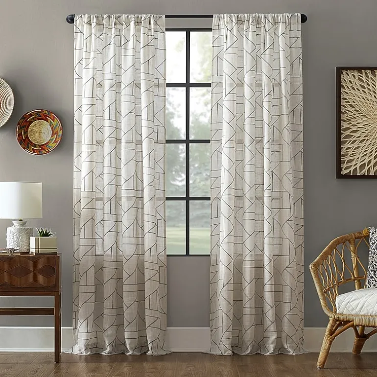 Archaeo Jigsaw Embroidery Linen Blend Rod Pocket Sheer Single Curtain Panel