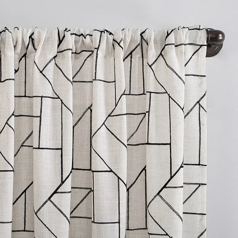 Archaeo Jigsaw Embroidery Linen Blend Rod Pocket Sheer Single Curtain Panel