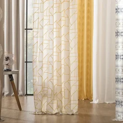 Archaeo Jigsaw Embroidery Linen Blend Rod Pocket Sheer Single Curtain Panel