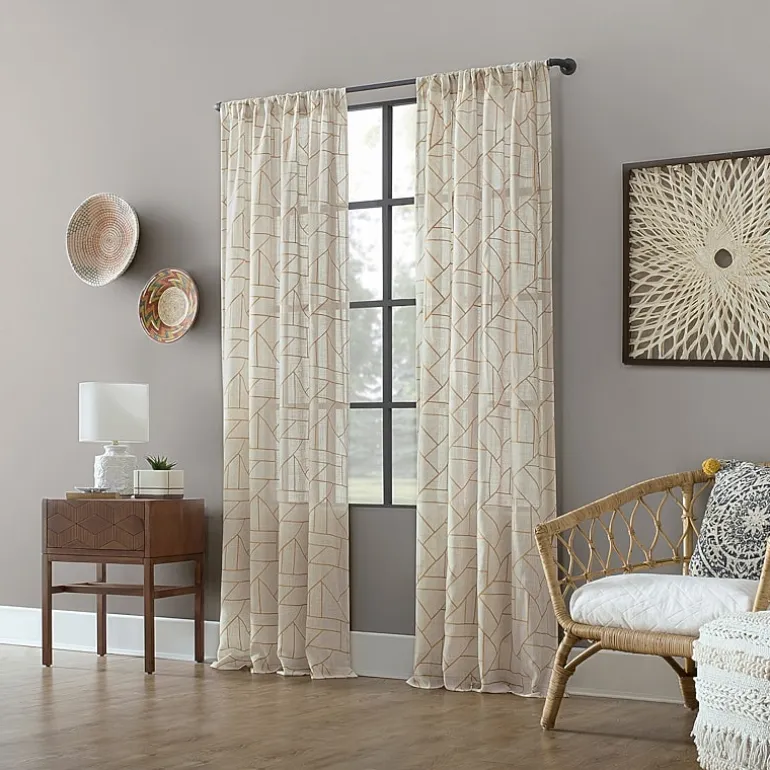Archaeo Jigsaw Embroidery Linen Blend Rod Pocket Sheer Single Curtain Panel