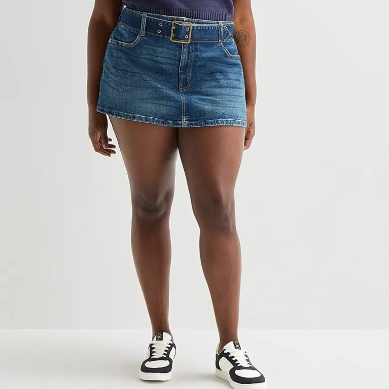 Arizona Belted Womens Juniors Plus Low Rise Mini Denim Skirt