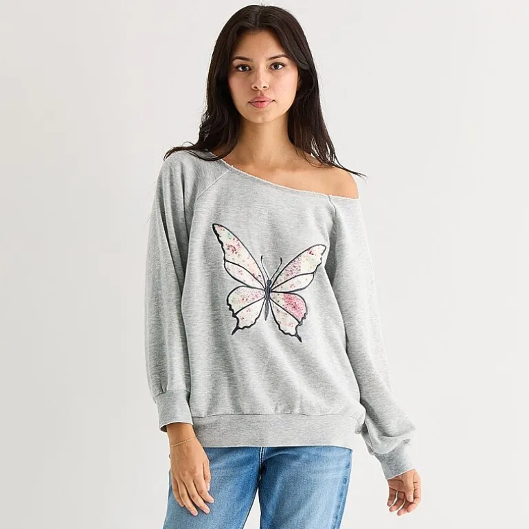 Arizona Womens Juniors Asymmetrical Neck Long Sleeve Sweatshirt