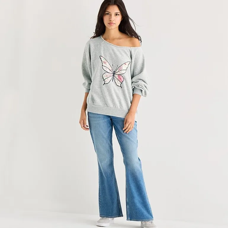 Arizona Womens Juniors Asymmetrical Neck Long Sleeve Sweatshirt