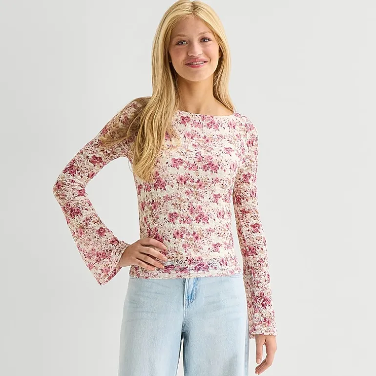 Arizona Womens Juniors Crew Neck Long Sleeve Lace Blouse