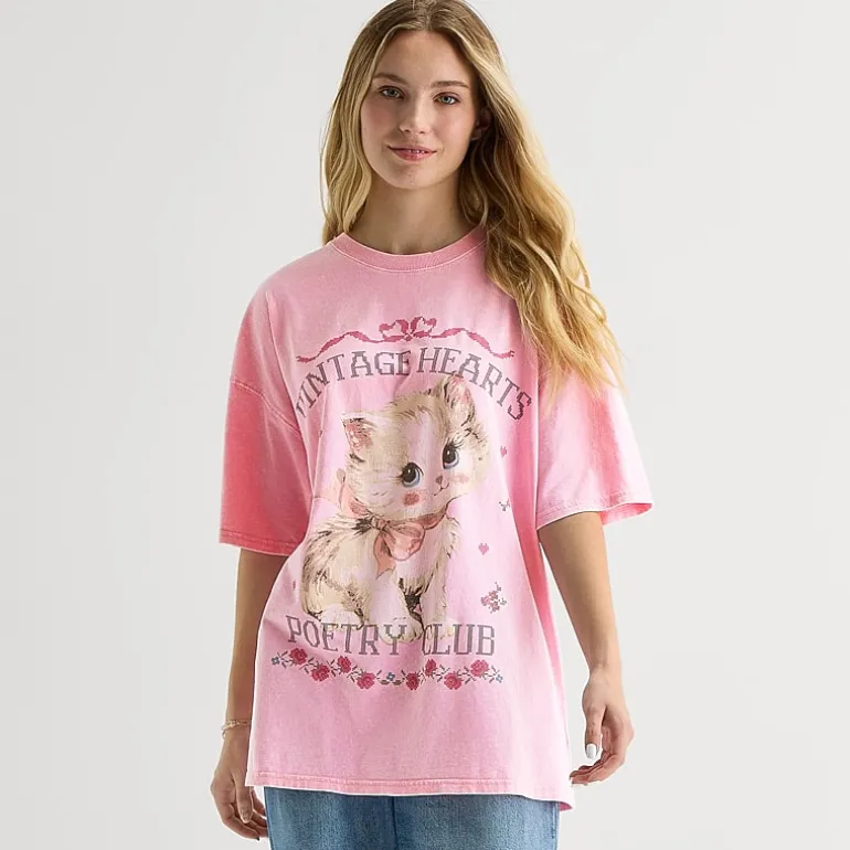 Arizona Womens Juniors Crew Neck Short Sleeve Oversized Graphic T-Shirt