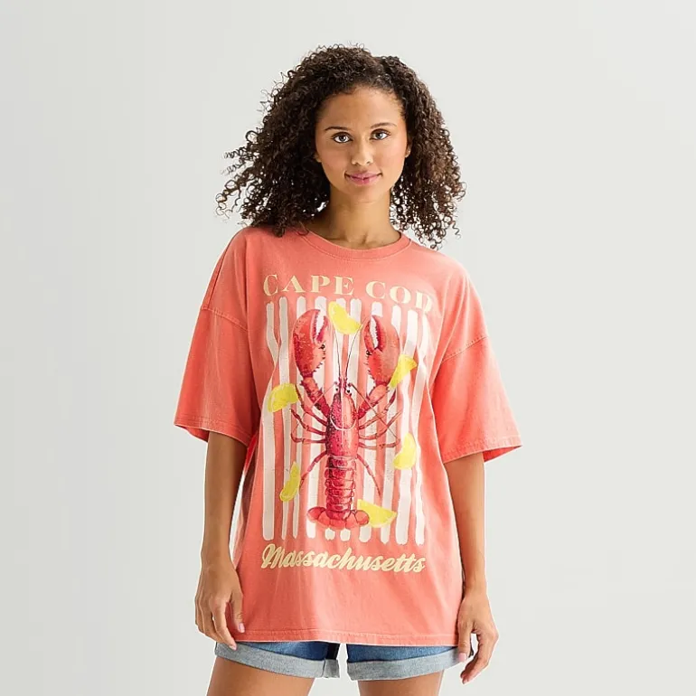 Arizona Womens Juniors Crew Neck Short Sleeve Oversized Graphic T-Shirt