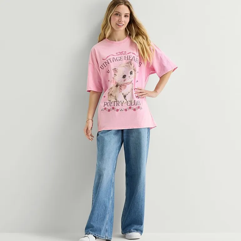 Arizona Womens Juniors Crew Neck Short Sleeve Oversized Graphic T-Shirt
